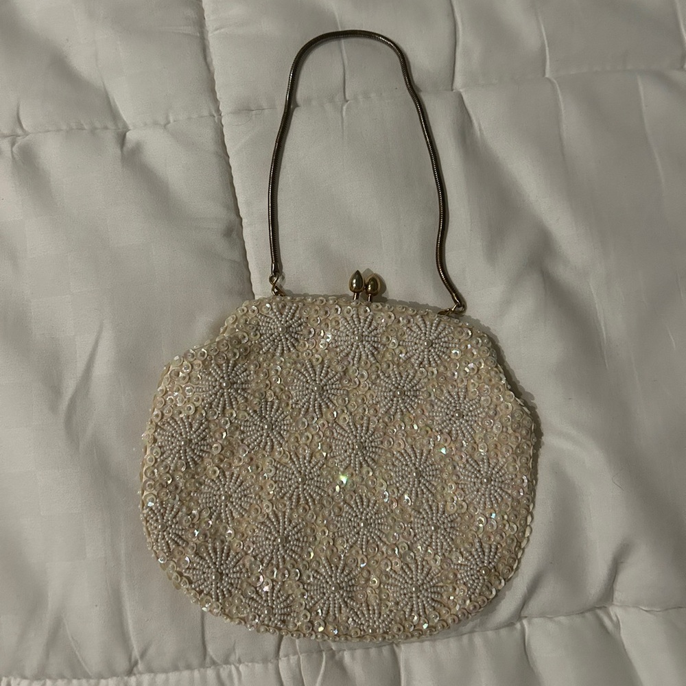 Small Cream Beaded Clutch